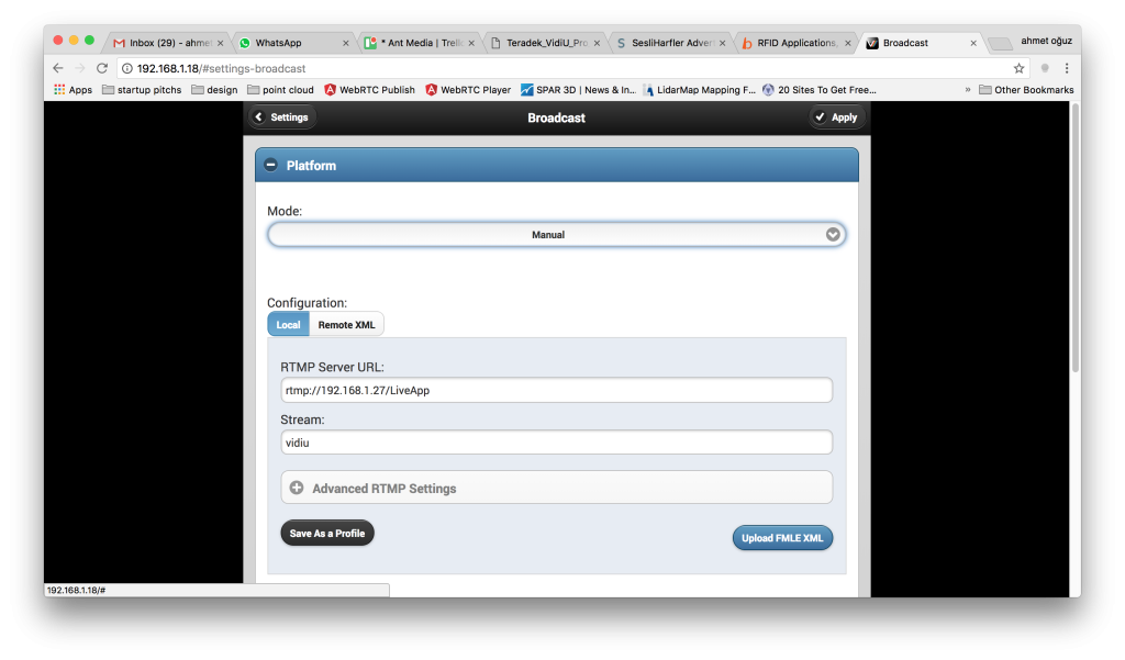 Write Ant Media Server URL on Teradek Vidiu Pro broadcast configuration