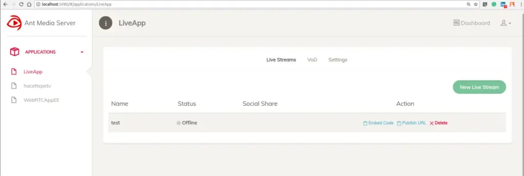Ant Media Server Management Console showing new live stream creation with RTMP publish URL