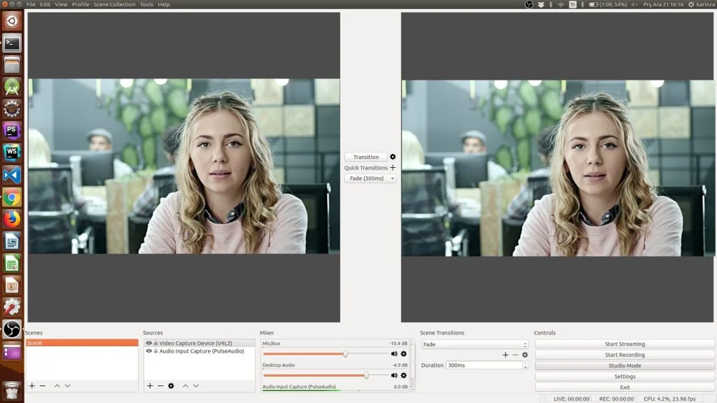 OBS Studio interface with video sources panel and Ant Media Server RTMP configuration settings