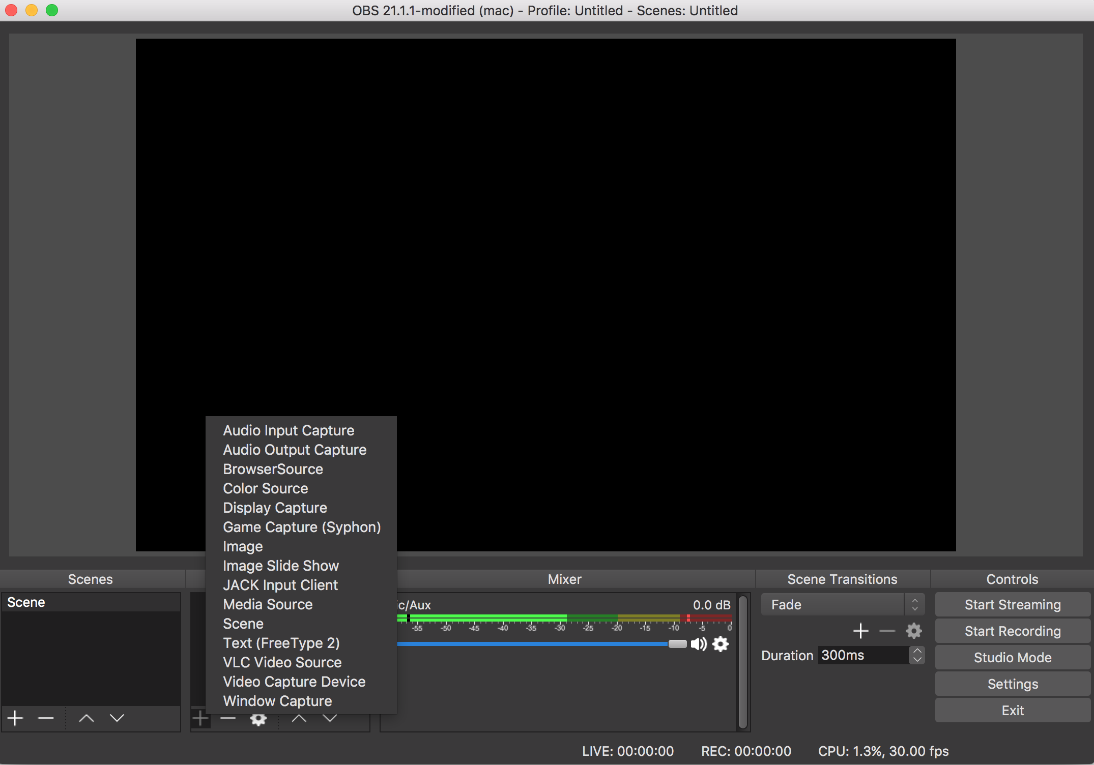 OBS (Open Broadcaster Software) interface OBS (Open Broadcaster Software) interface