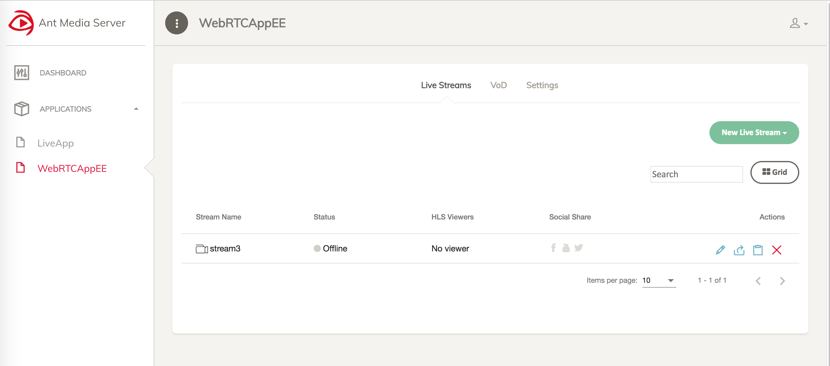 Ant Media Server Dashboard