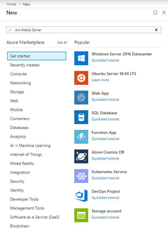 Azure Marketplace listing Ant Media Server