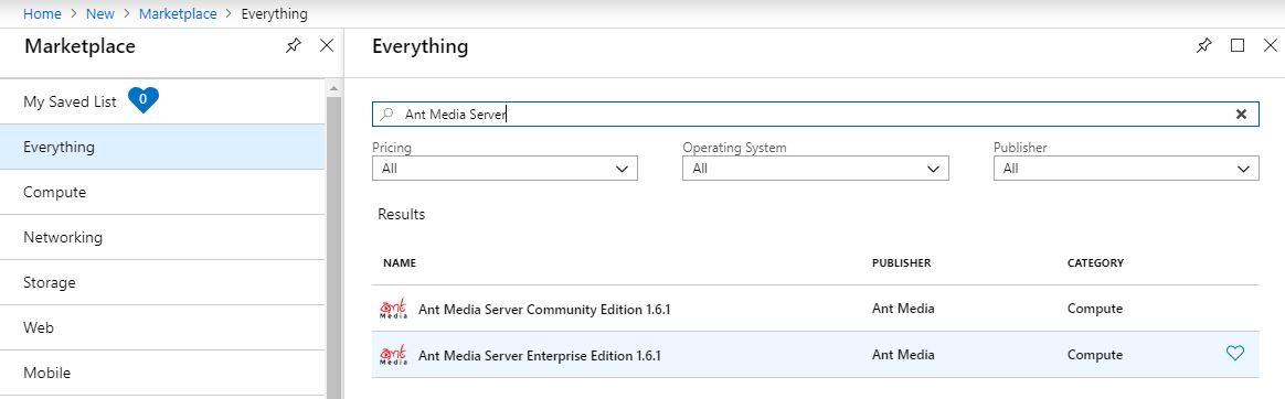 Azure Marketplace listing Ant Media Server