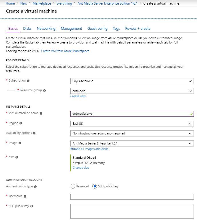 Basics section in Azure Marketplace Virtual Machine