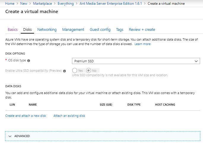 Disks section in Azure Marketplace Virtual Machine