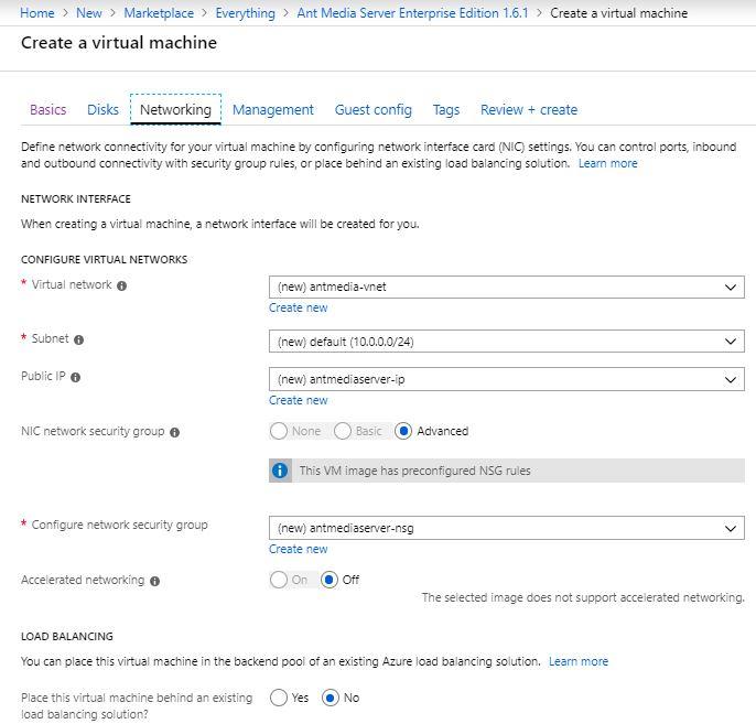 Networking section in Azure Marketplace Virtual Machine