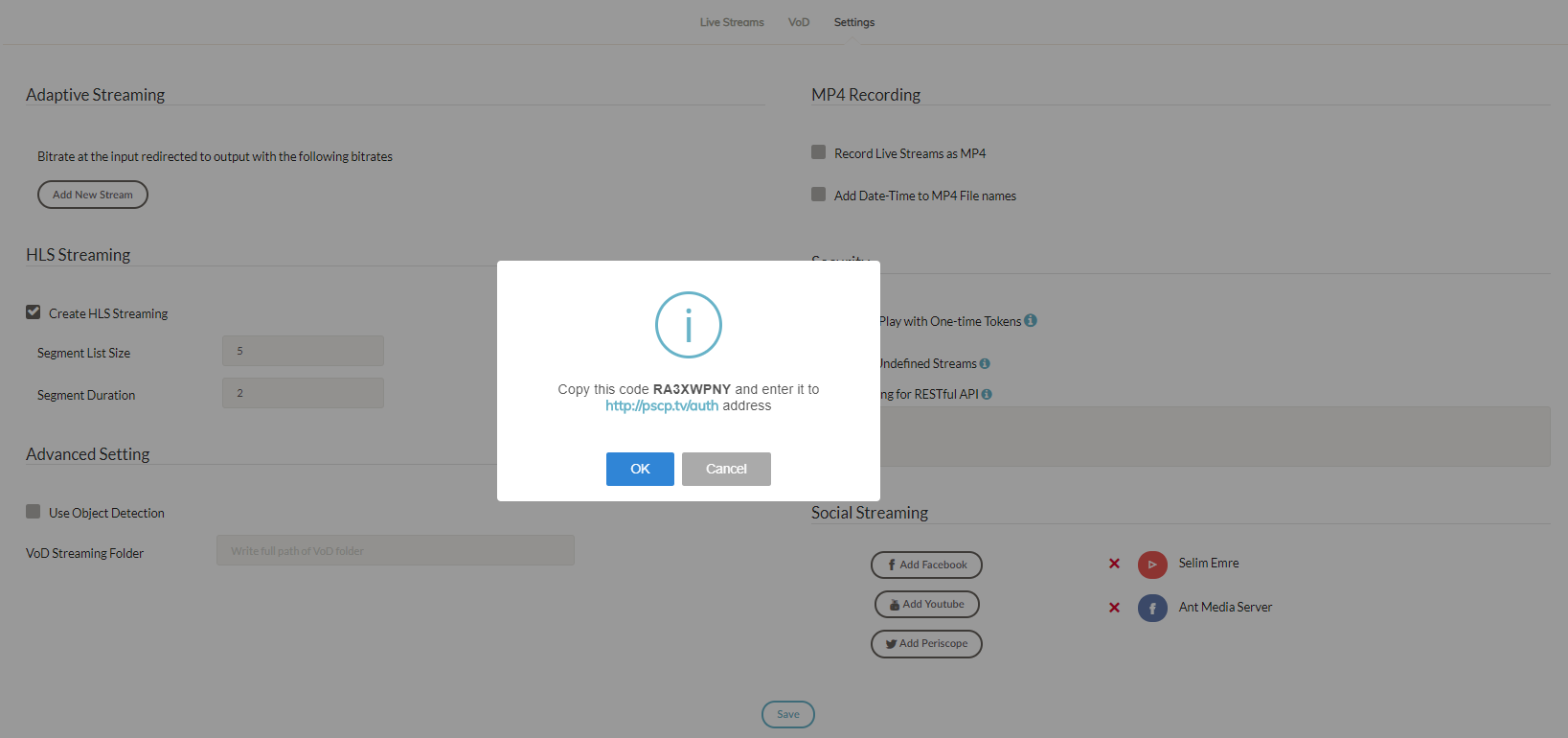 Click Add Periscope in Ant Media Server