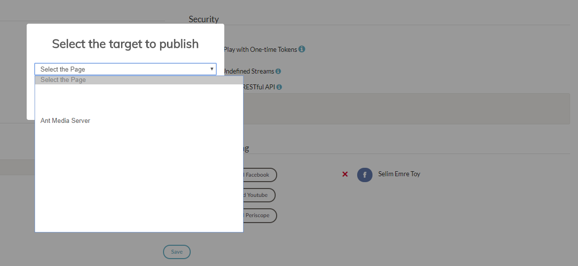 Select Facebook Fan Pages and Profile Page in Ant Media Server