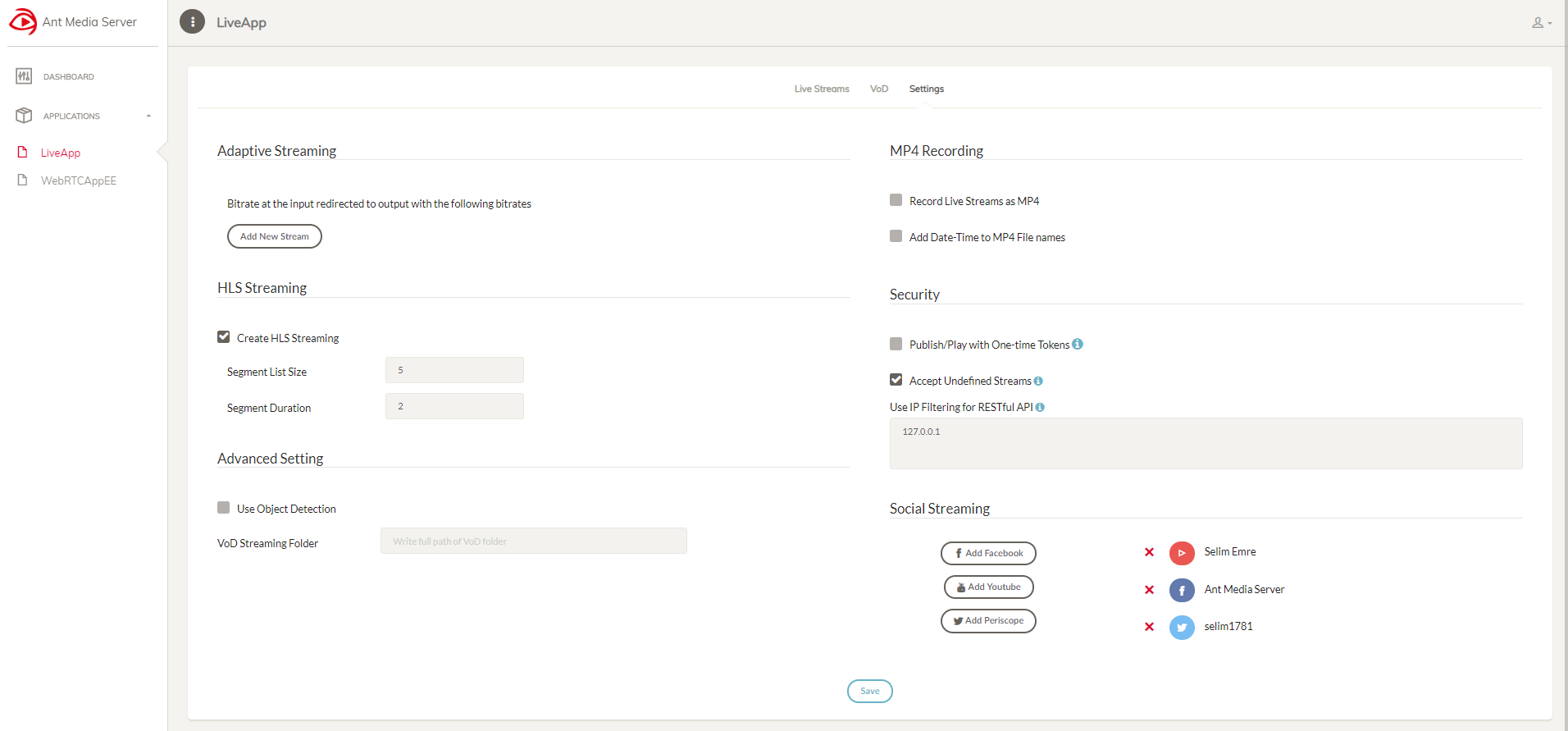 Dashboard / LiveApp / Setting Section