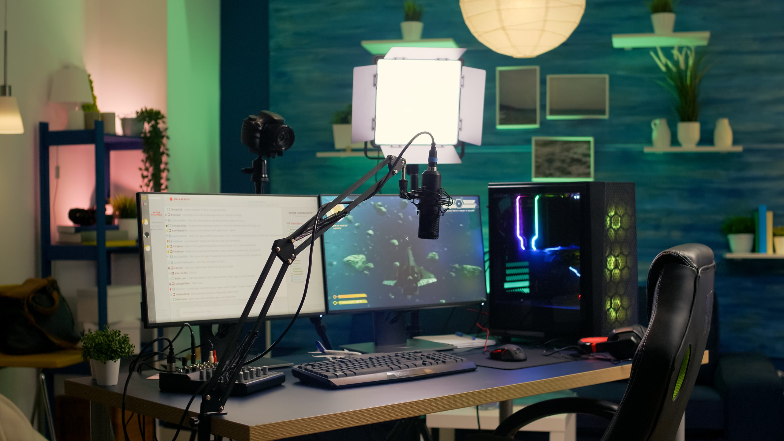 empty streaming room with professional powerful computer rgb keyboard mouse headphones microphone scaled