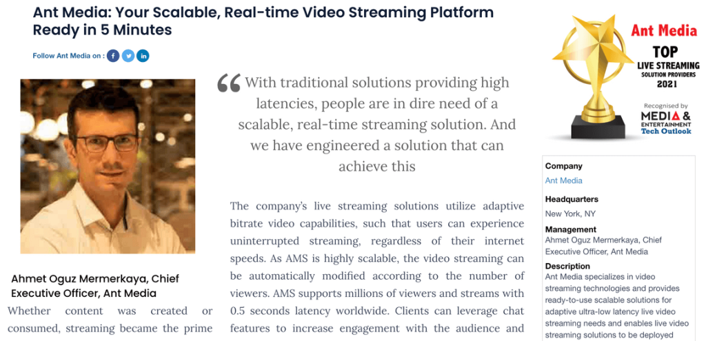 Ant Media is recognized as Top Live Streaming Solution Providers 2021.
