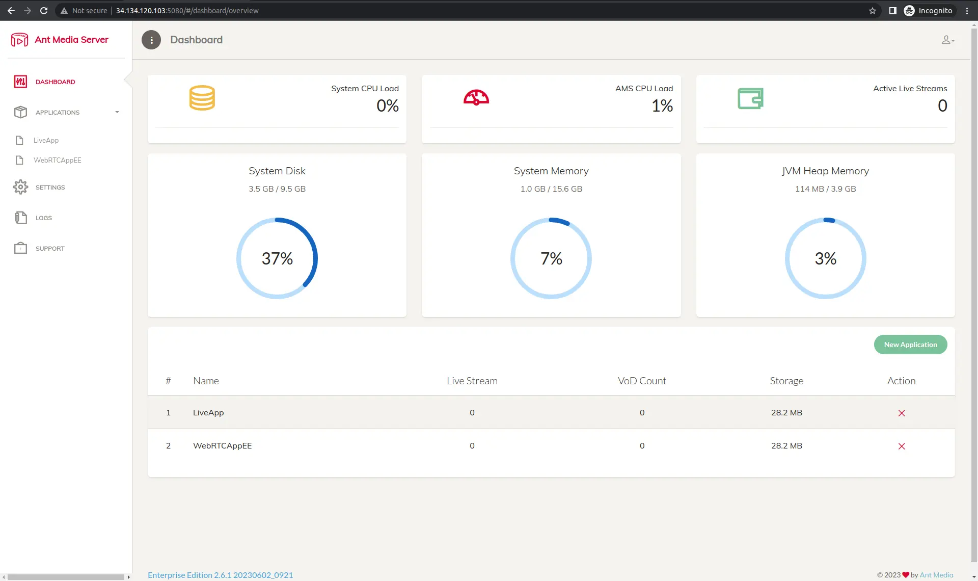 Ant Media Server dashboard