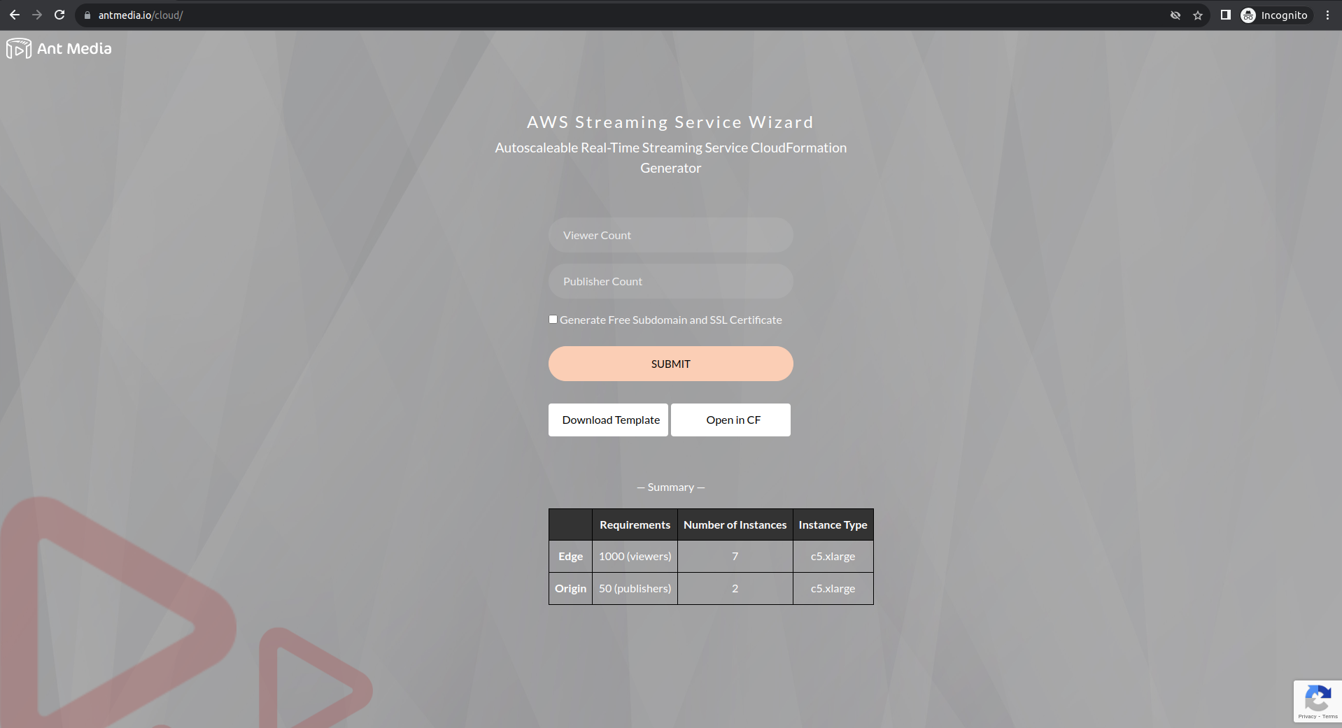 aws streaming service wizard by ant media