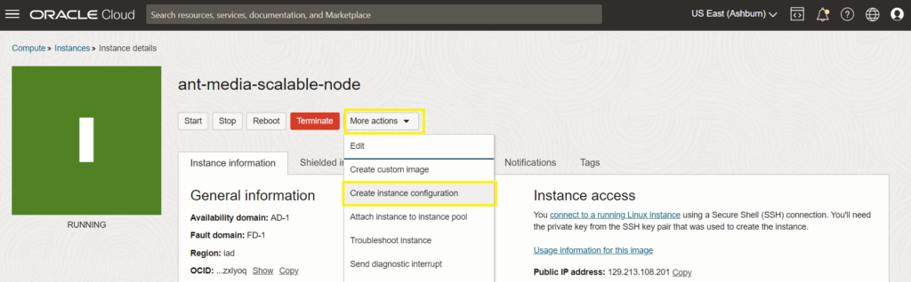 Instance Configuration setting on oracle cloud