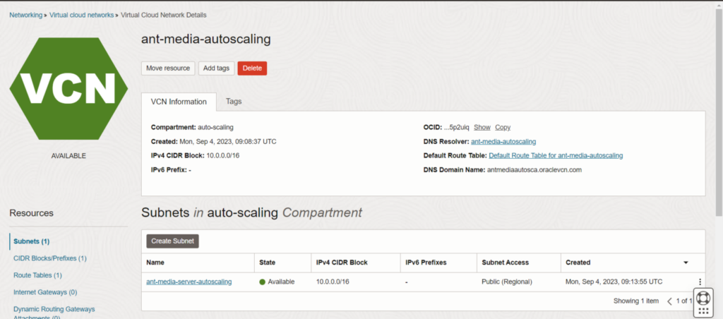 subnet-on-Virtual-Cloud-Network-oracle-ant-media