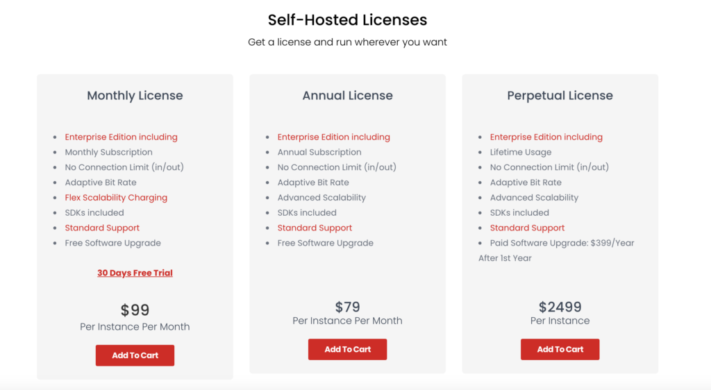 screenshot of Ant Media Server licenses pricing