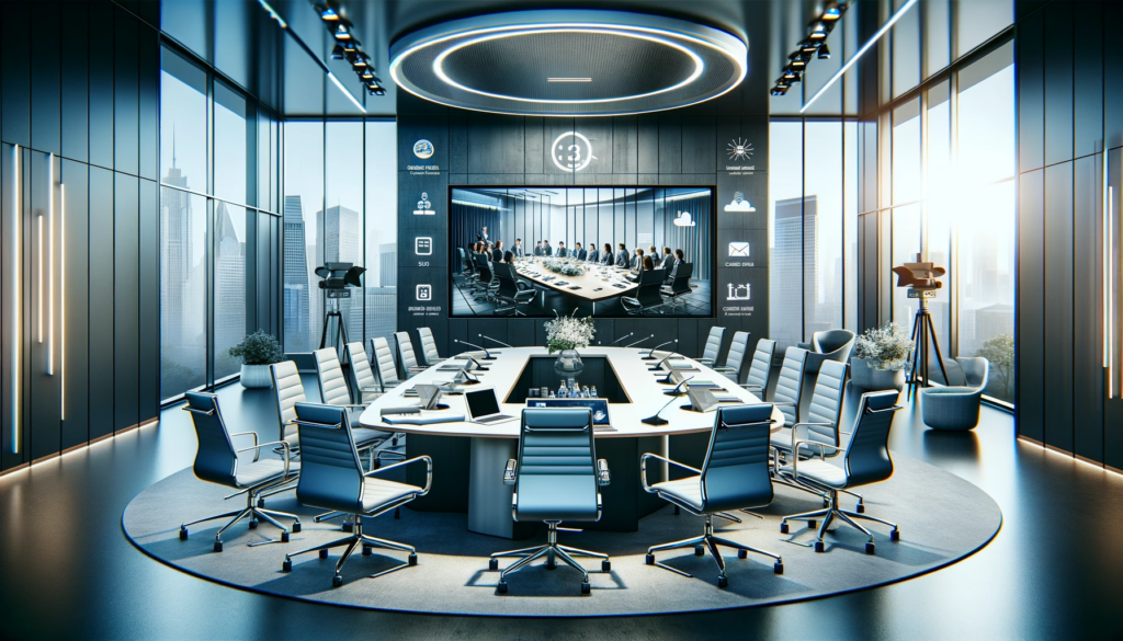 DALL·E 2024-01-14 19.05.20 - A professional and modern banner for an article about conference solutions. The banner features a sleek, contemporary conference room with a large ova