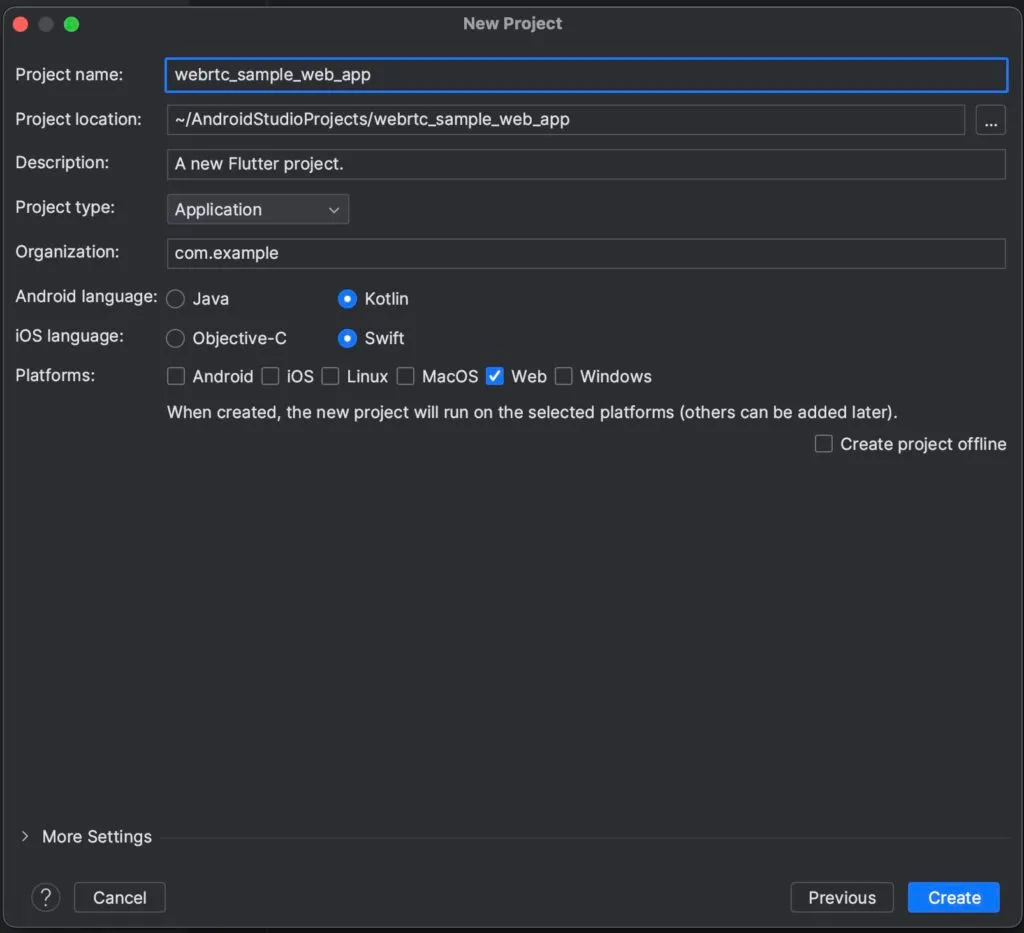 Flutter project configuration with Web platform selected