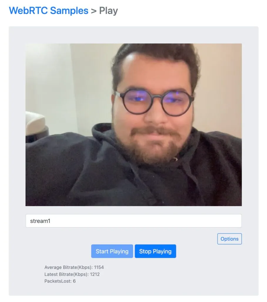 WebRTC test player showing live stream