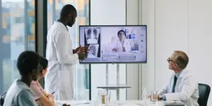Doctor conducting a real-time video consultation with a patient in a modern hospital setting in 2025