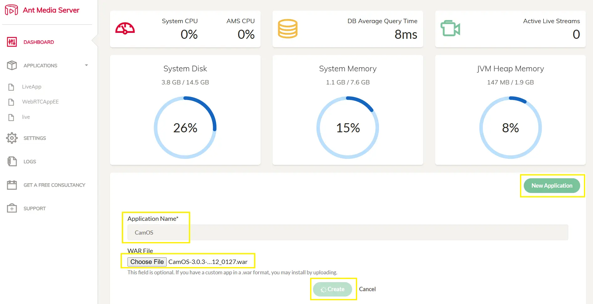 New application dialog in Ant Media Server with CamOS name entered and .war file selected