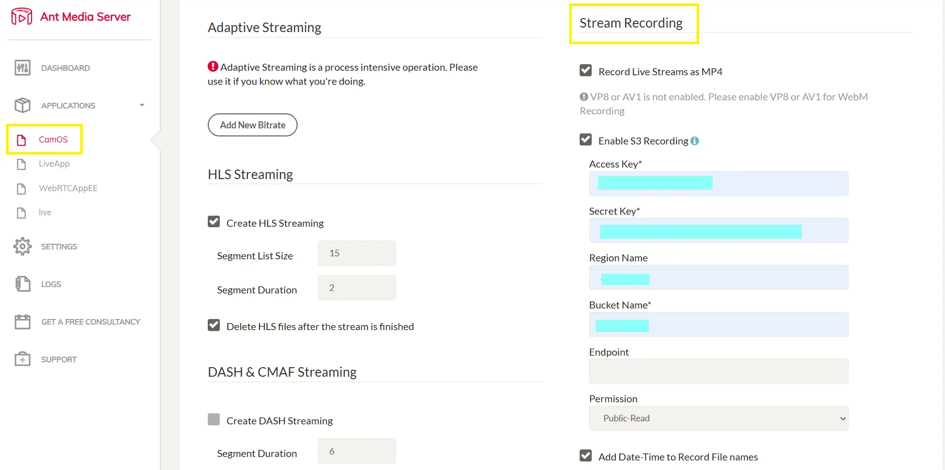 CamOS application settings with MP4 recording enabled, S3 storage configured, and datetime suffix on filenames
