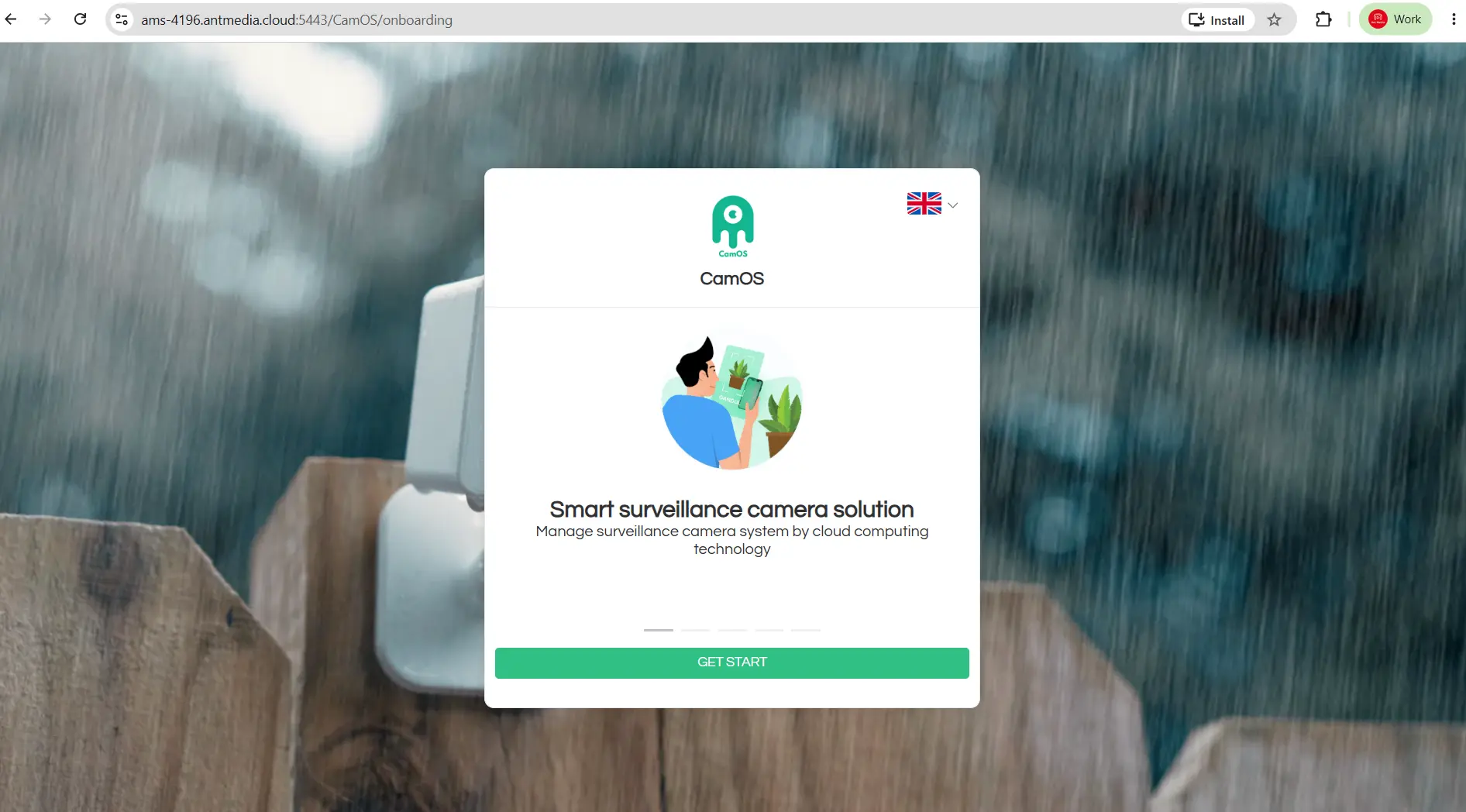 CamOS welcome screen with Get Started button and language selector before first-time setup