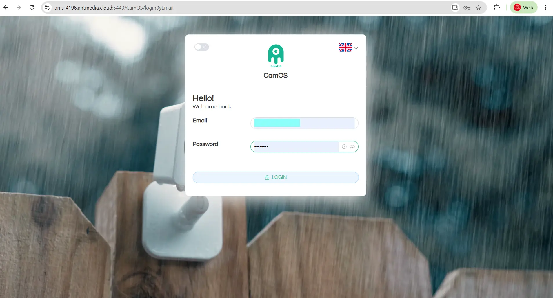 CamOS login screen where registered users authenticate to access the surveillance dashboard