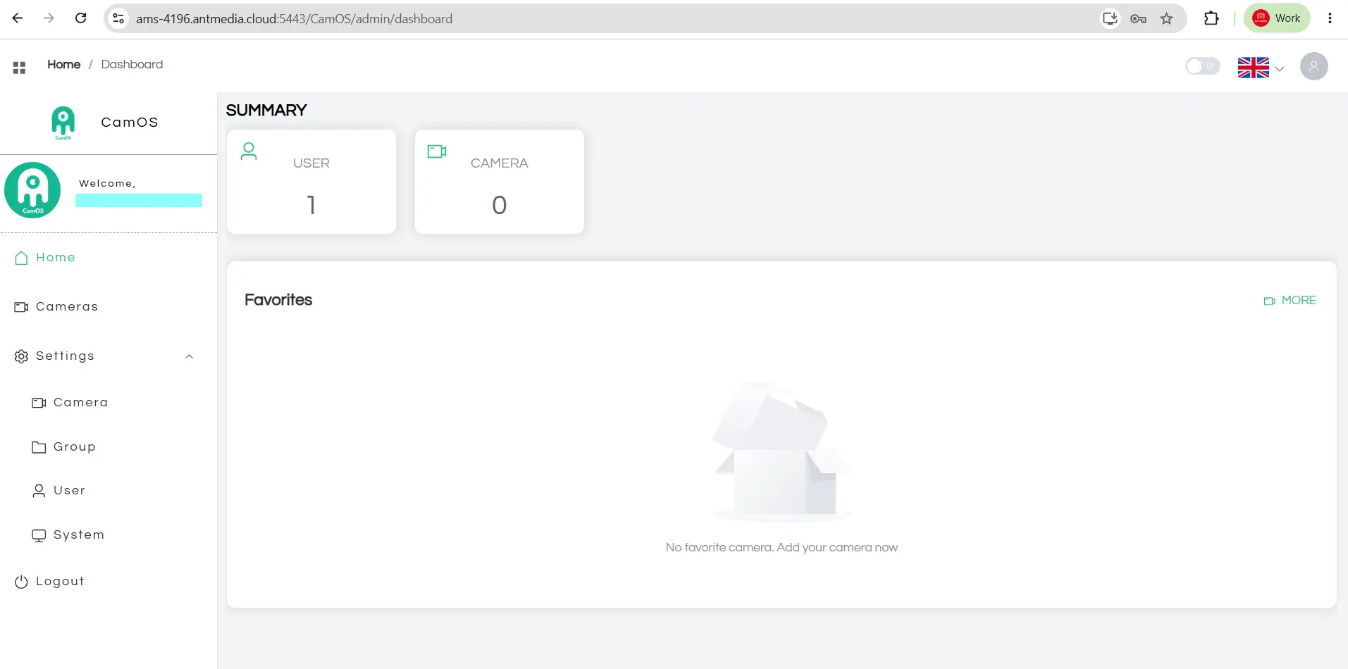 CamOS main dashboard summarising system health, connected cameras, and favourite feeds
