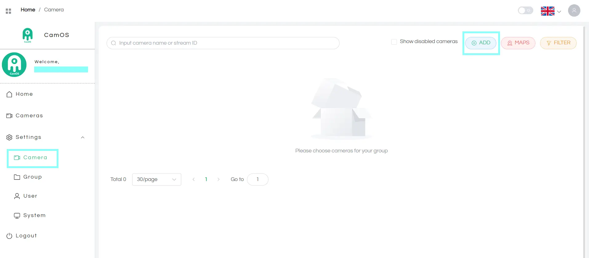 CamOS camera settings page with the Add button highlighted for registering a new camera