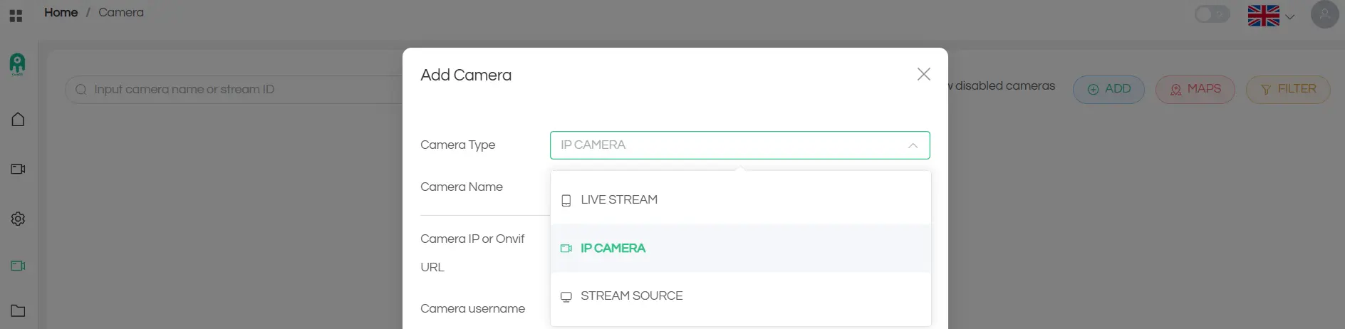CamOS new camera form showing Live Stream, IP Camera, and Stream Source type options with origin server field