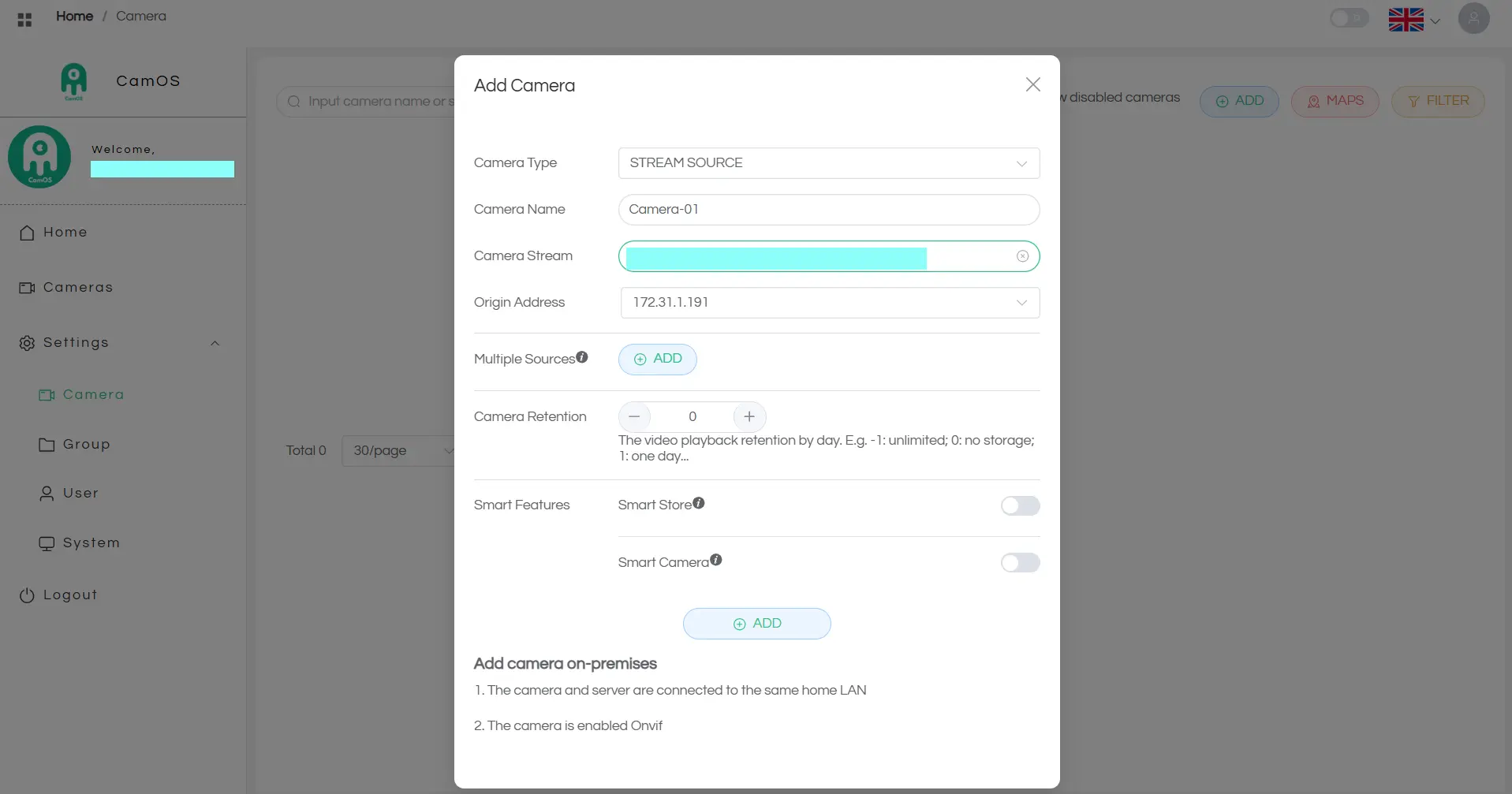 CamOS camera configuration with Ant Media Server instance selected as the origin address before submission